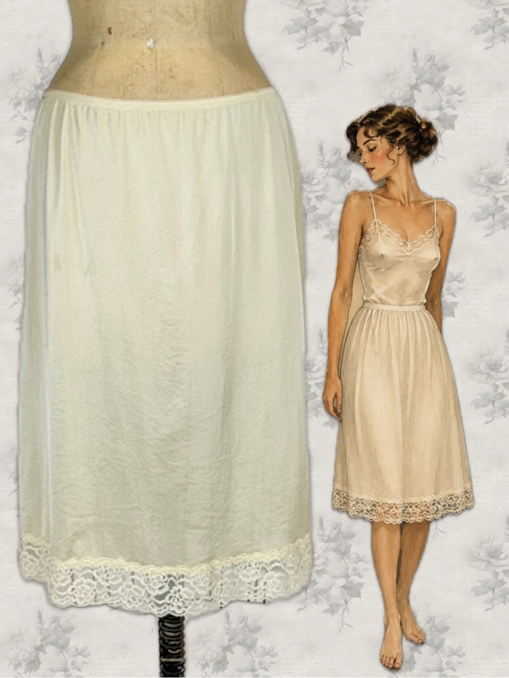 Lace dress skirt slip nylon silky midi‎ elastic waist neutral beige lingerie
